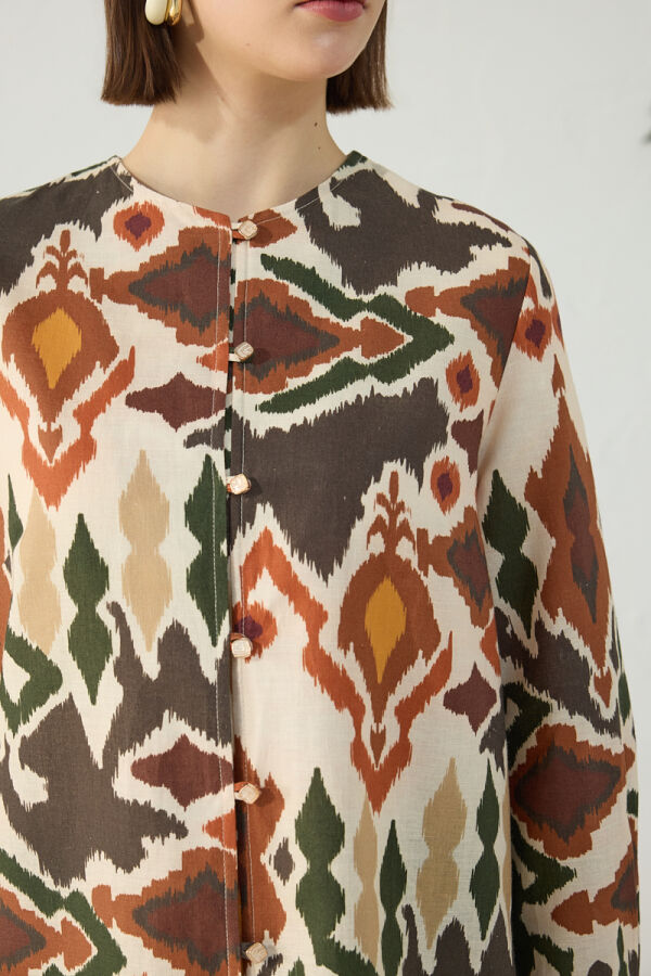 Turuncu Desenli Keten Tunik - 6