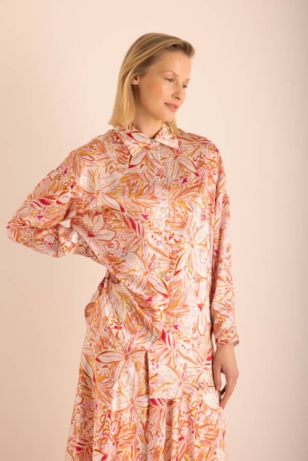 Turuncu Desenli Klasik İpek Tunik - Aker