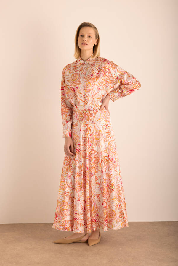 Turuncu Desenli Kloş İpek Etek - Aker