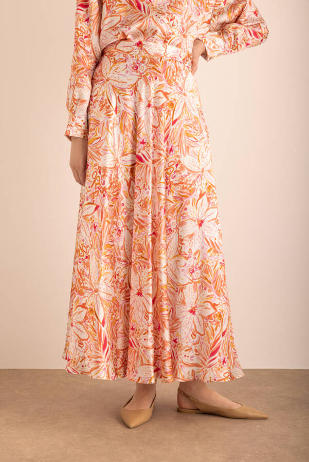 Turuncu Desenli Kloş İpek Etek - 5