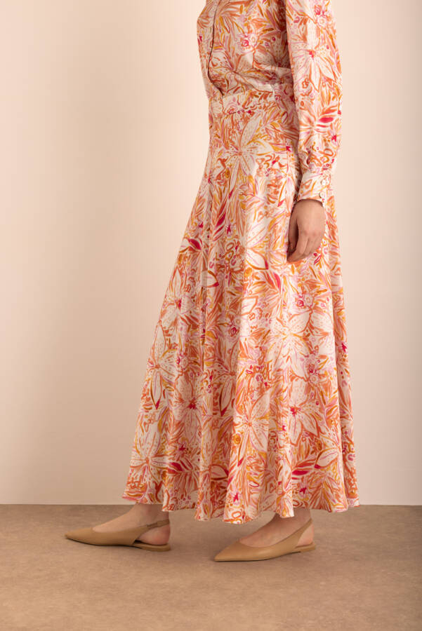 Turuncu Desenli Kloş İpek Etek - 6