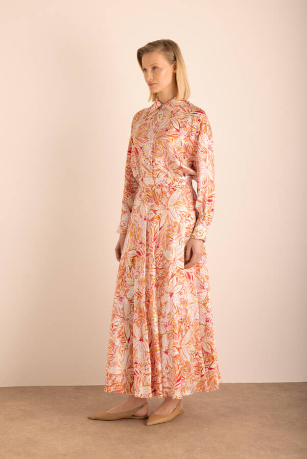 Turuncu Desenli Kloş İpek Etek - 3