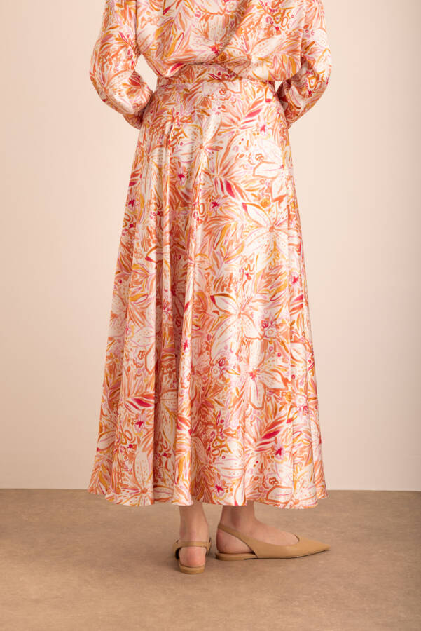 Turuncu Desenli Kloş İpek Etek - 7