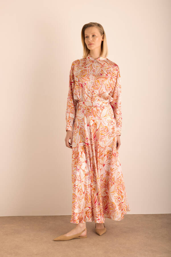 Turuncu Desenli Kloş İpek Etek - Aker (1)