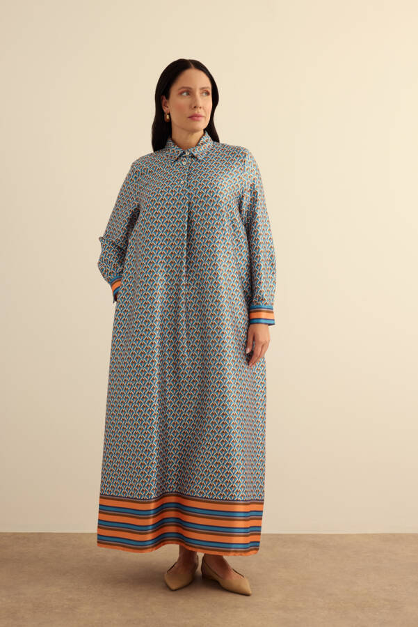 Turuncu Geometrik Pano Desenli Elbise - Aker (1)