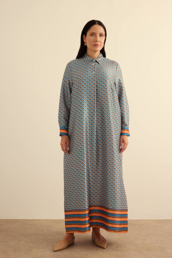 Turuncu Geometrik Pano Desenli Elbise - Aker