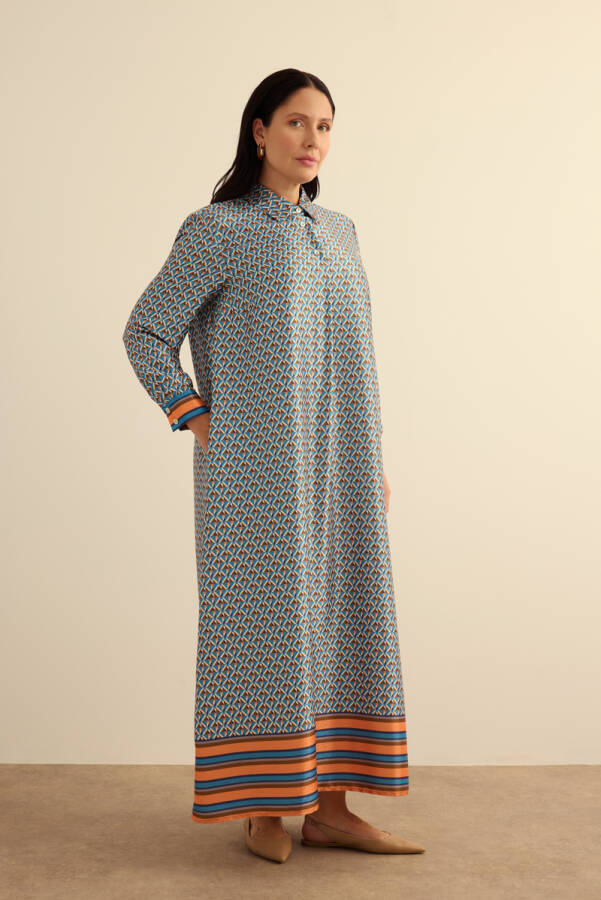 Turuncu Geometrik Pano Desenli Elbise - 4