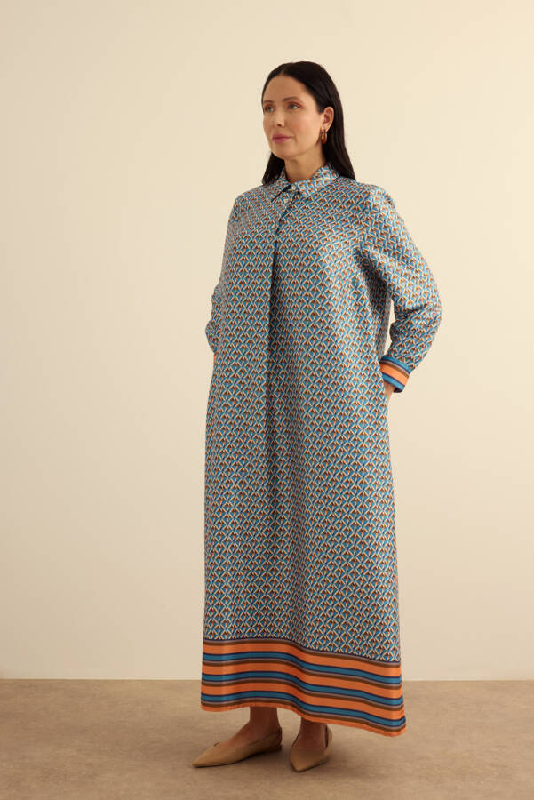 Turuncu Geometrik Pano Desenli Elbise - 5