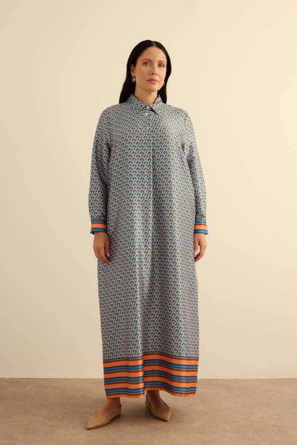 Turuncu Geometrik Pano Desenli Elbise - 3