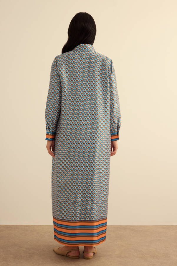 Turuncu Geometrik Pano Desenli Elbise - 7