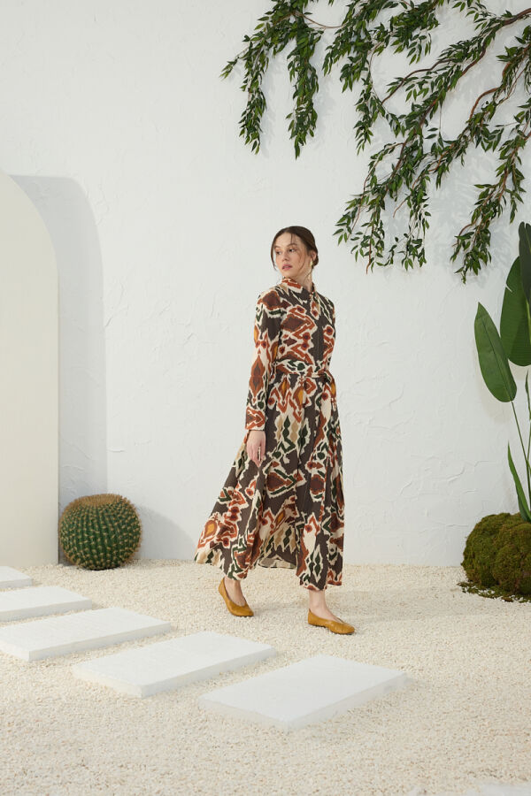 Turuncu Klasik Keten Desenli Elbise - Aker