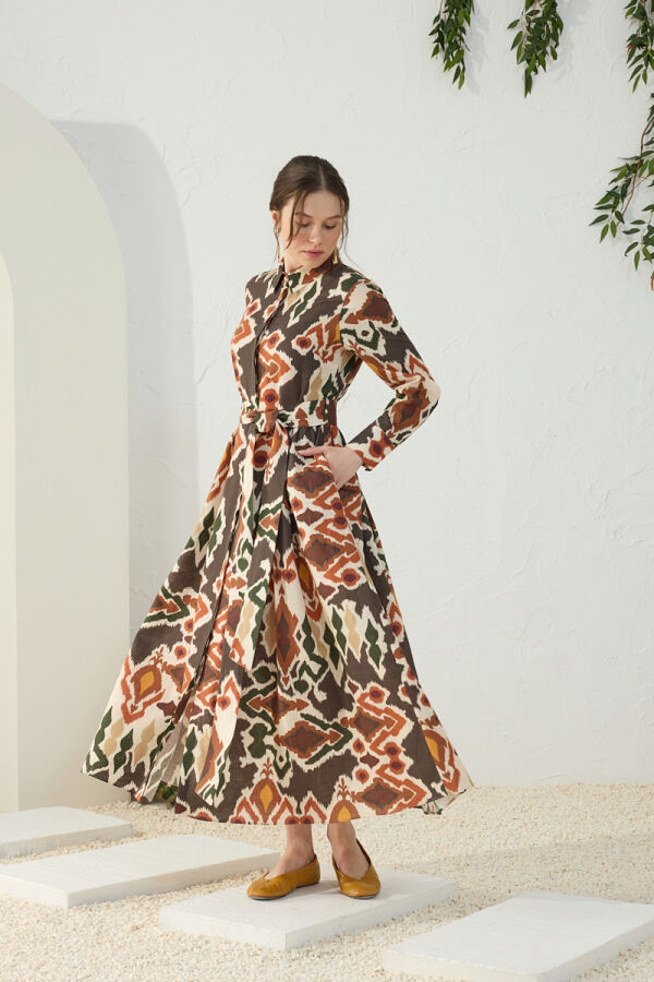 Turuncu Klasik Keten Desenli Elbise - 2