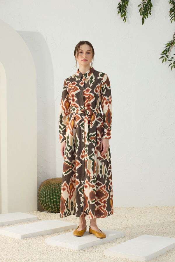 Turuncu Klasik Keten Desenli Elbise - 5