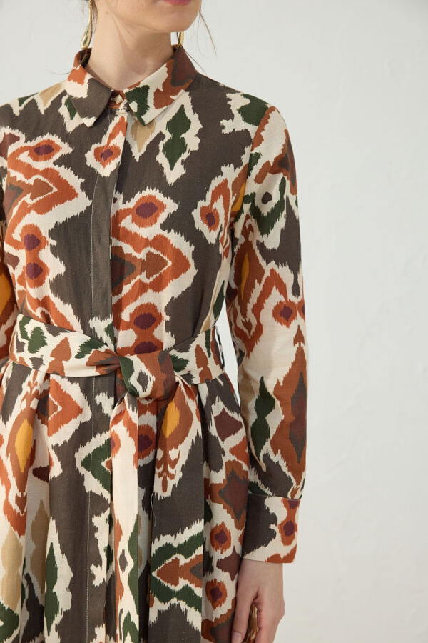 Turuncu Klasik Keten Desenli Elbise - 6