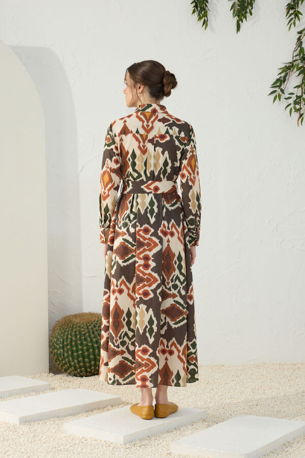 Turuncu Klasik Keten Desenli Elbise - 7