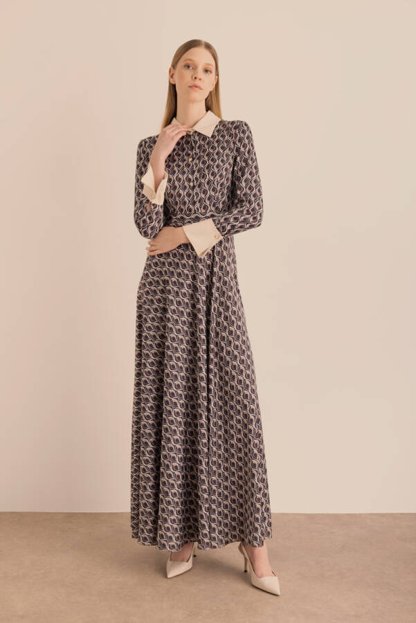 Vizon Desenli Yaka ve Manşeti Detaylı Elbise - Aker (1)