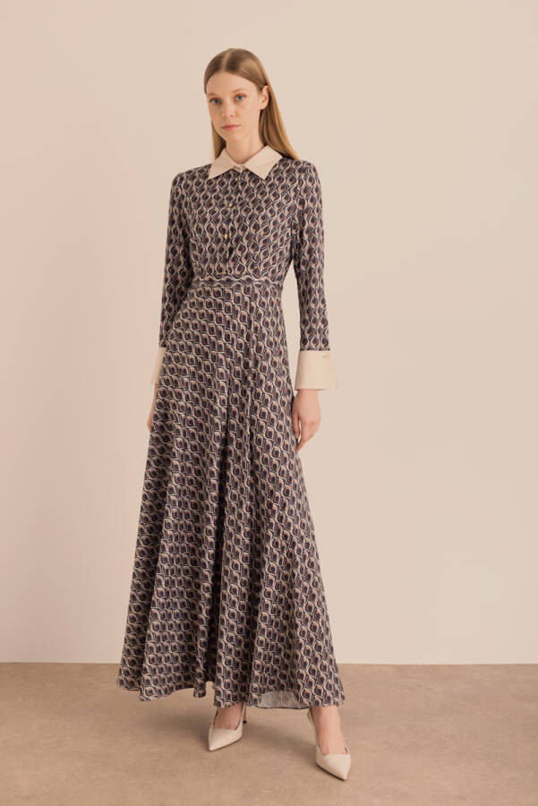 Vizon Desenli Yaka ve Manşeti Detaylı Elbise - 4