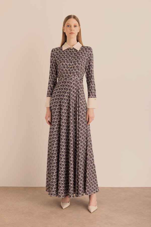 Vizon Desenli Yaka ve Manşeti Detaylı Elbise - 5