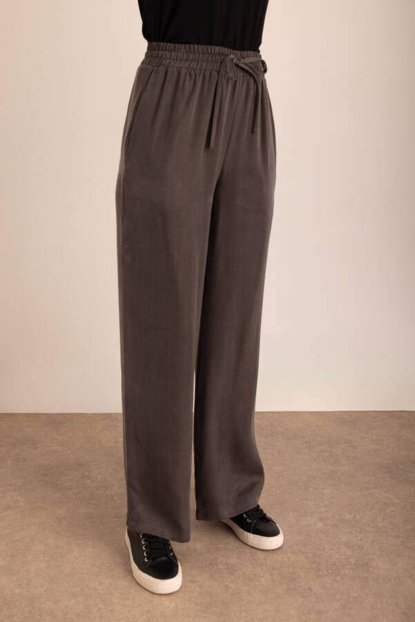 Vizon Dökümlü Dokuma Beli Lastikli Pantolon - 4