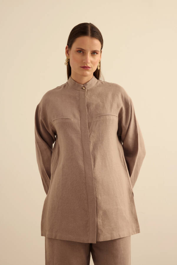 Vizon Hakim Yaka Keten Gömlek - 5