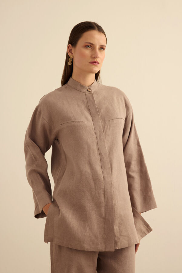 Vizon Hakim Yaka Keten Gömlek - 4