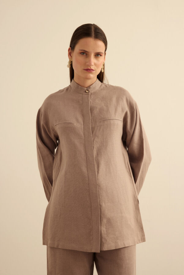 Vizon Hakim Yaka Keten Gömlek - 5