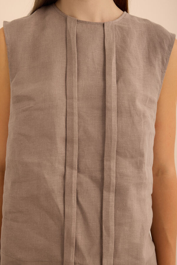 Vizon Önü Kup Detaylı Kolsuz Keten Bluz - 6