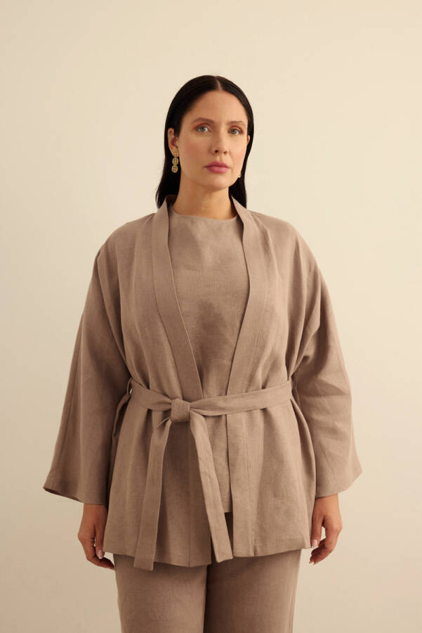 Vizon Seyyar Kuşaklı Keten Kimono - 3