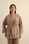 Vizon Seyyar Kuşaklı Keten Kimono - 2