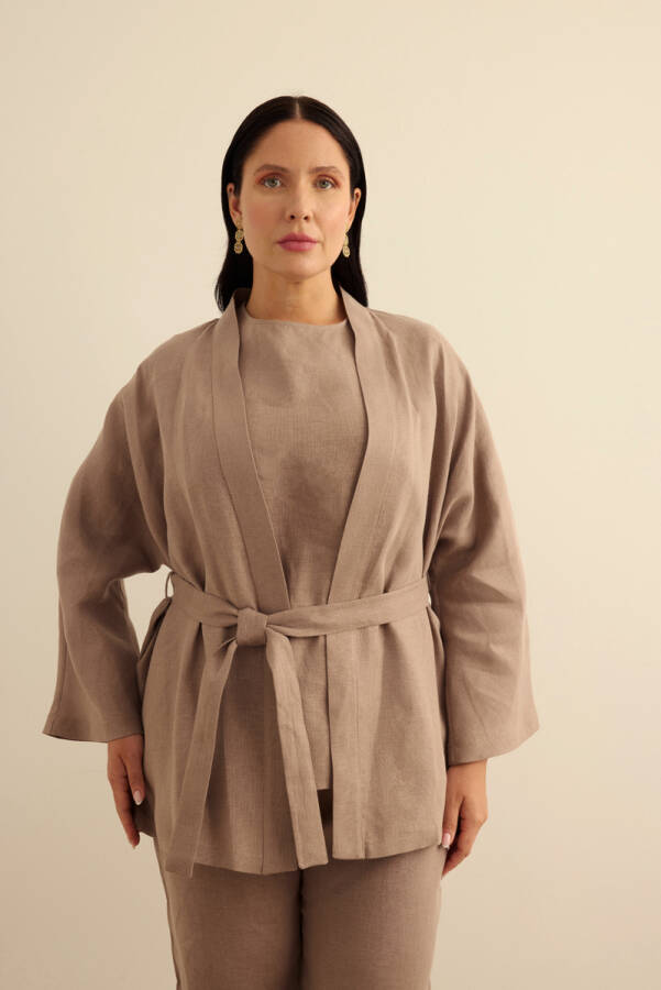 Vizon Seyyar Kuşaklı Keten Kimono - Aker (1)
