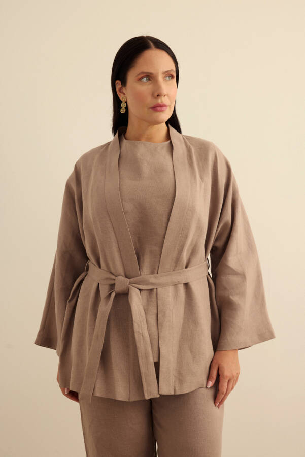 Vizon Seyyar Kuşaklı Keten Kimono - 4