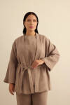 Vizon Seyyar Kuşaklı Keten Kimono - 5
