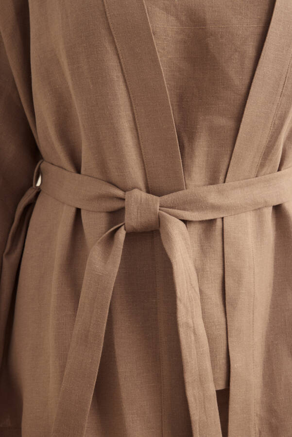 Vizon Seyyar Kuşaklı Keten Kimono - 6
