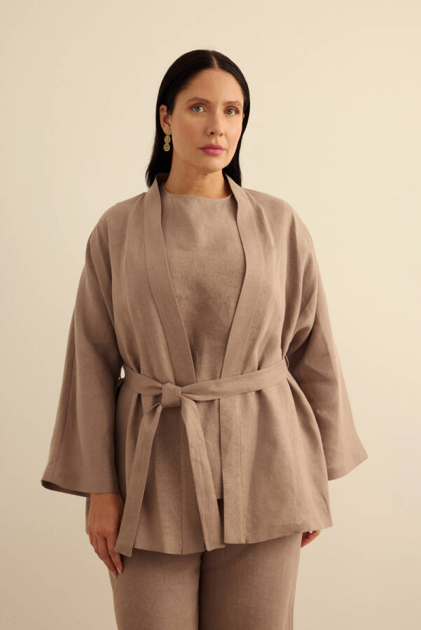 Vizon Seyyar Kuşaklı Keten Kimono - Aker