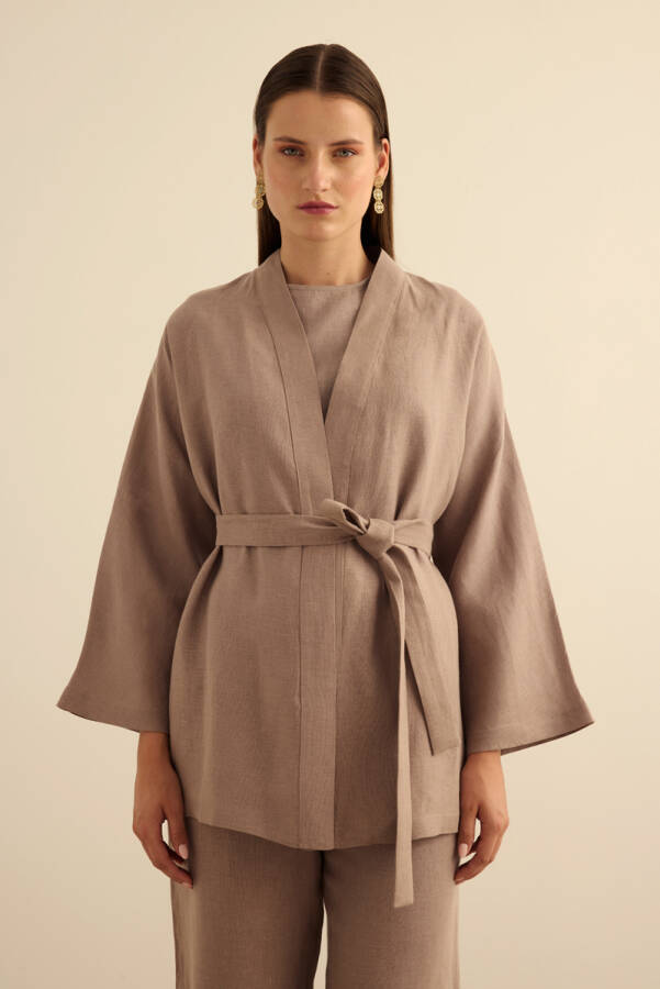 Vizon Seyyar Kuşaklı Keten Kımono - 4
