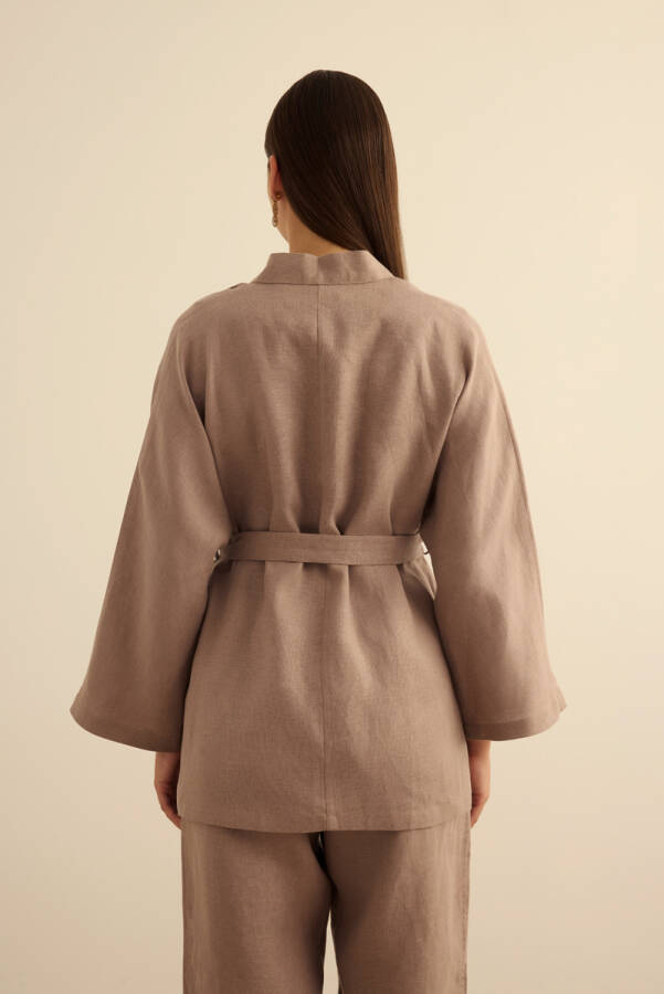 Vizon Seyyar Kuşaklı Keten Kımono - 7