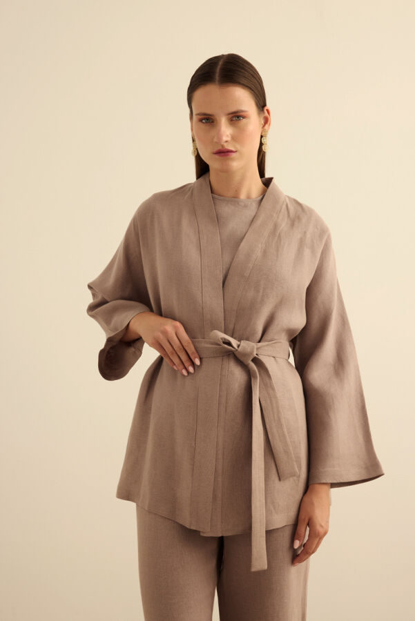 Vizon Seyyar Kuşaklı Keten Kımono - 5
