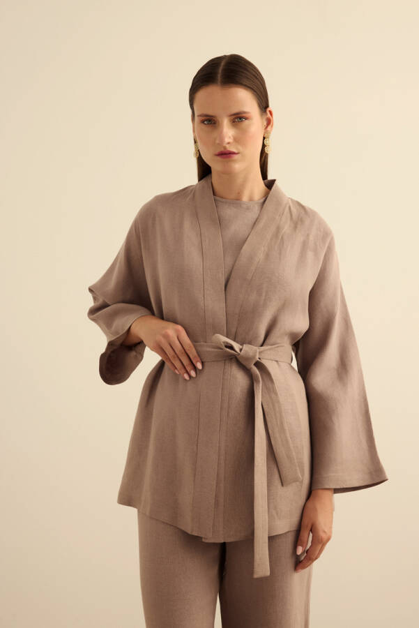 Vizon Seyyar Kuşaklı Keten Kımono - 5