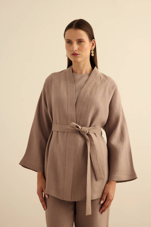 Vizon Seyyar Kuşaklı Keten Kımono - Aker