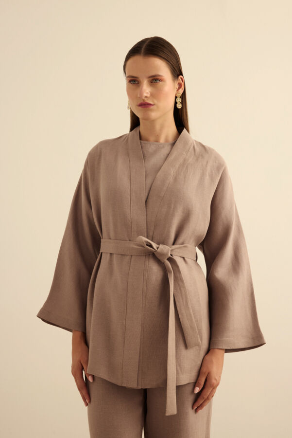 Vizon Seyyar Kuşaklı Keten Kımono - Aker