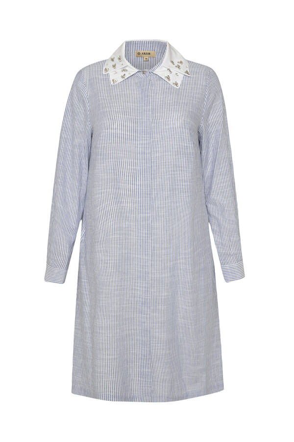 Mavi Yakası İşlemeli Çizgili Tunik - 1