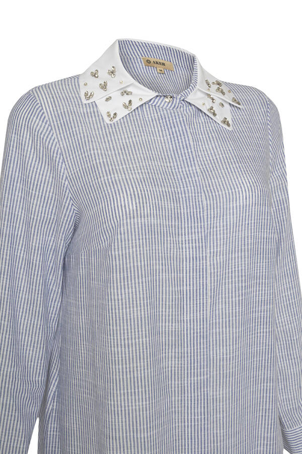 Mavi Yakası İşlemeli Çizgili Tunik - 2