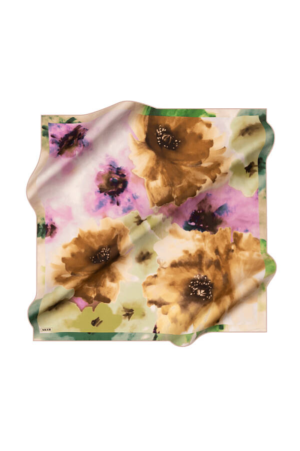 Yeşil 90X90 İpek Krep Saten Eşarp - 1