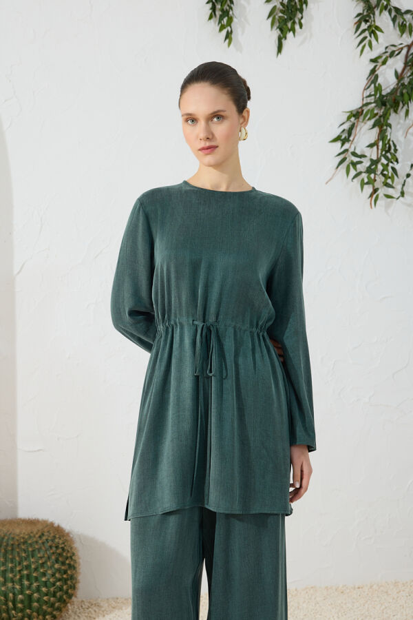 Yeşil Beli Ayarlanabilir Lastik Detaylı Tunik - 4