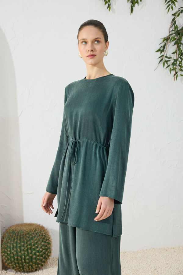 Yeşil Beli Ayarlanabilir Lastik Detaylı Tunik - 5