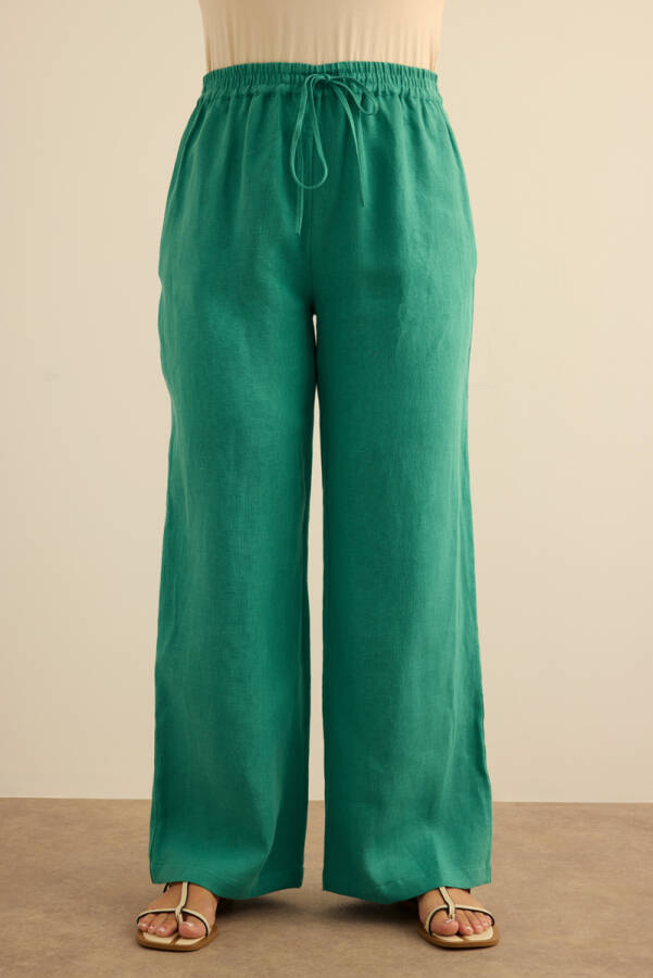 Yeşil Beli Lastikli Keten Pantolon - 3