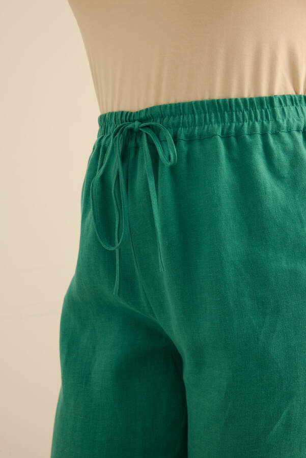 Yeşil Beli Lastikli Keten Pantolon - 6