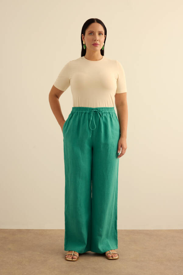 Yeşil Beli Lastikli Keten Pantolon - Aker