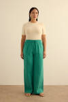 Yeşil Beli Lastikli Keten Pantolon - 2