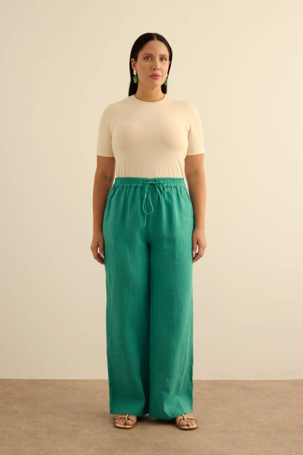 Yeşil Beli Lastikli Keten Pantolon - Aker (1)